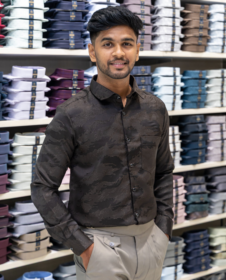 Brown Poly Blended Party Wear Shirt Features Jacquard Texture, Full Sleeves, a Slim Fit, a Spread Collar, and Regular Length