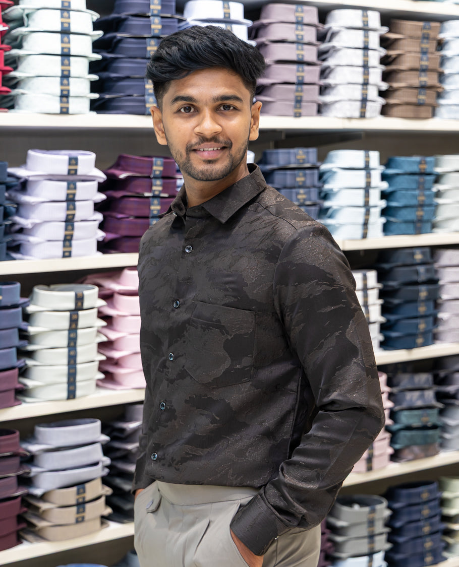 Brown Poly Blended Party Wear Shirt Features Jacquard Texture, Full Sleeves, a Slim Fit, a Spread Collar, and Regular Length