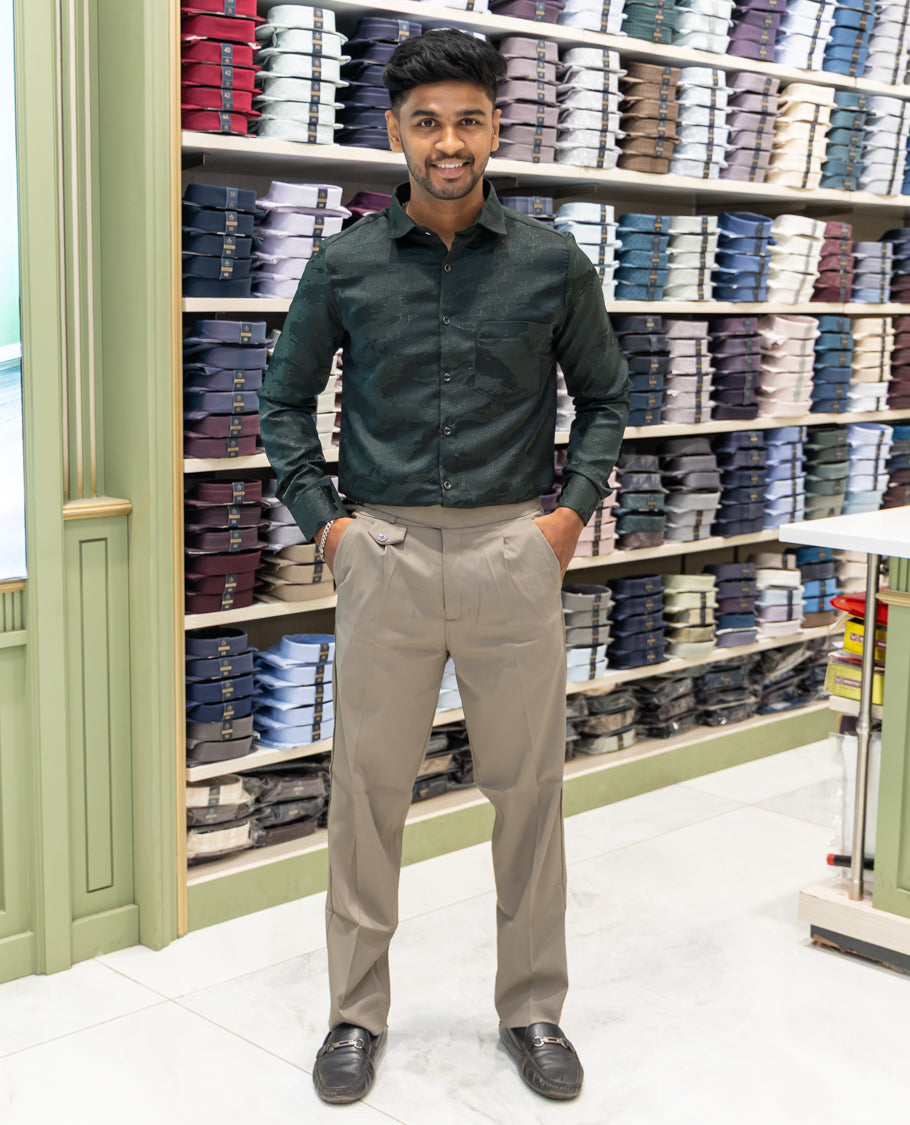 Green Poly Blended Party Wear Shirt Features Jacquard Texture, Full Sleeves, a Slim Fit, a Spread Collar, and Regular Length