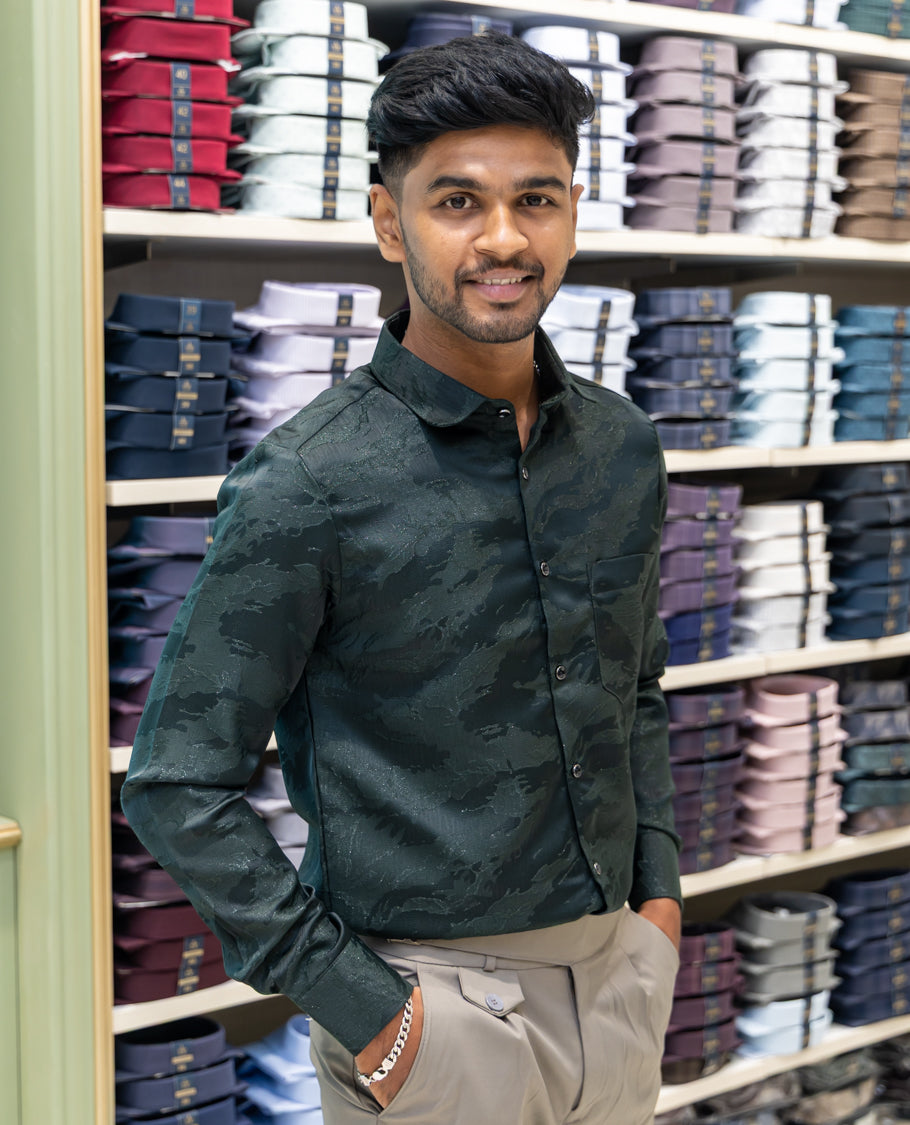 Green Poly Blended Party Wear Shirt Features Jacquard Texture, Full Sleeves, a Slim Fit, a Spread Collar, and Regular Length