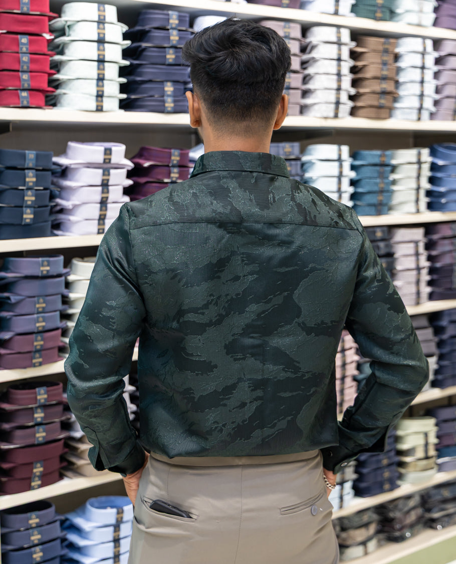 Green Poly Blended Party Wear Shirt Features Jacquard Texture, Full Sleeves, a Slim Fit, a Spread Collar, and Regular Length
