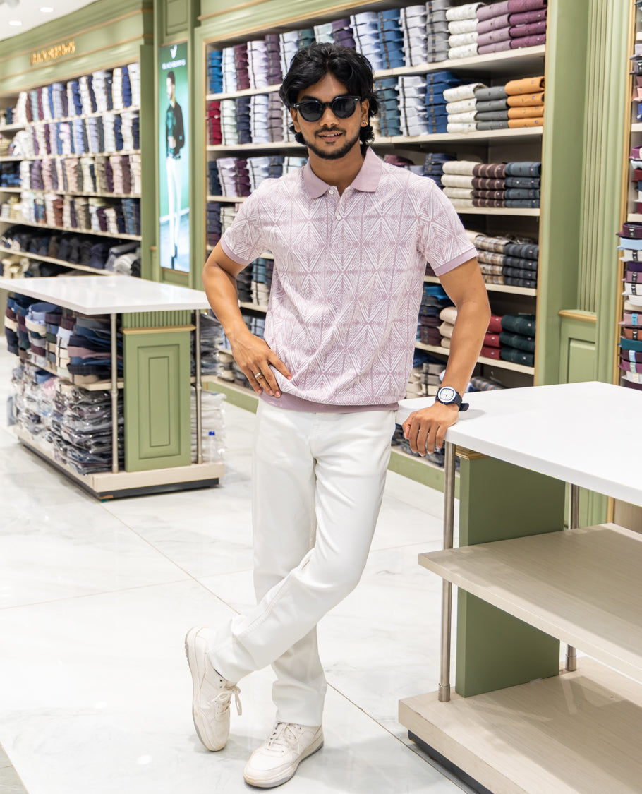 Pink Cotton-Blended Polo Neck T-Shirt Features Argyle Print, Half Sleeves, a Slim Fit, and Regular Length