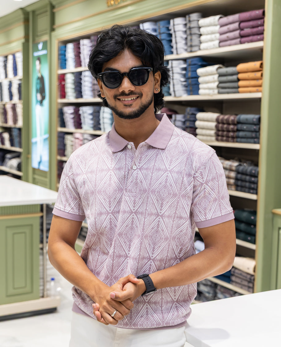 Pink Cotton-Blended Polo Neck T-Shirt Features Argyle Print, Half Sleeves, a Slim Fit, and Regular Length