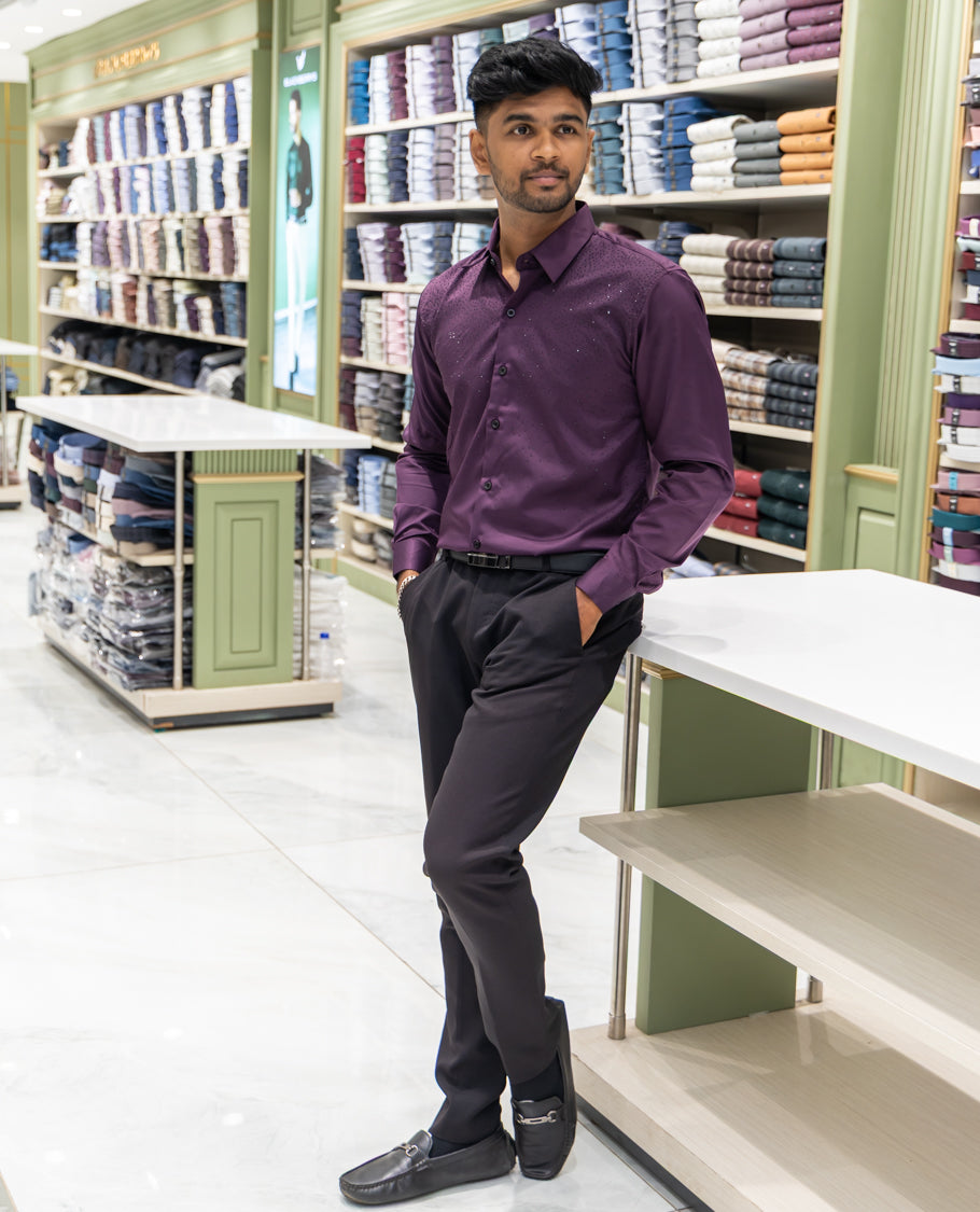 Purple Poly Satin Party Wear Shirt Features Micro-Stonework, Full Sleeves, a Slim Fit, a Spread Collar, and Regular Length