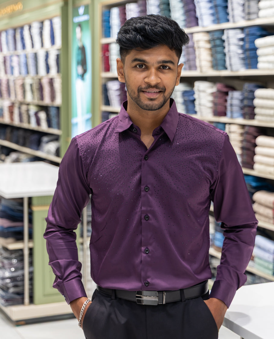 Purple Poly Satin Party Wear Shirt Features Micro-Stonework, Full Sleeves, a Slim Fit, a Spread Collar, and Regular Length