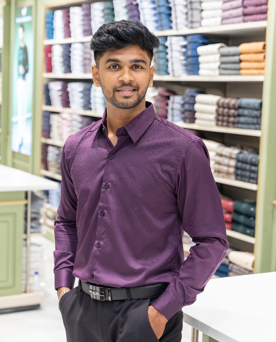 Purple Poly Satin Party Wear Shirt Features Micro-Stonework, Full Sleeves, a Slim Fit, a Spread Collar, and Regular Length
