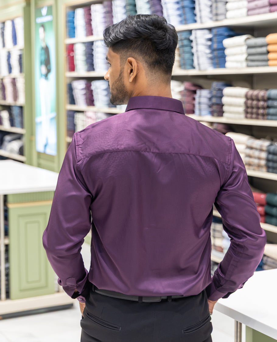 Purple Poly Satin Party Wear Shirt Features Micro-Stonework, Full Sleeves, a Slim Fit, a Spread Collar, and Regular Length