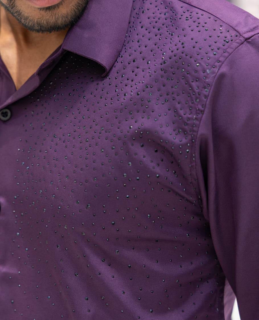 Purple Poly Satin Party Wear Shirt Features Micro-Stonework, Full Sleeves, a Slim Fit, a Spread Collar, and Regular Length