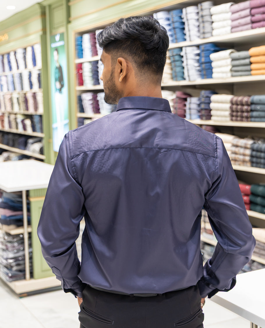 Grey Poly Satin Party Wear Shirt Features Micro-Stonework, Full Sleeves, a Slim Fit, a Spread Collar, and Regular Length
