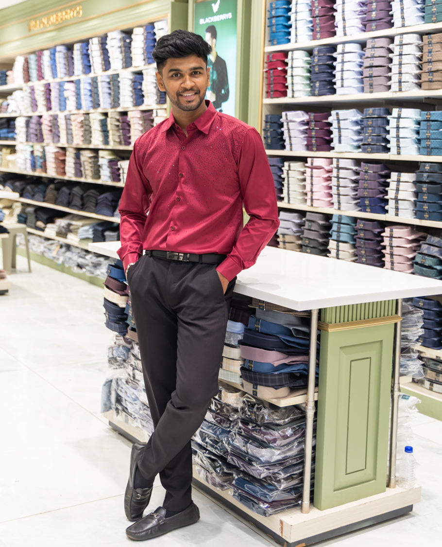 Red Poly Satin Party Wear Shirt Features Micro-Stonework, Full Sleeves, a Slim Fit, a Spread Collar, and Regular Length