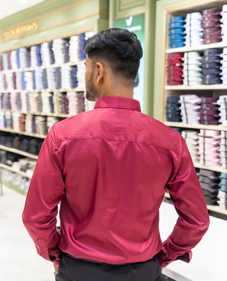 Red Poly Satin Party Wear Shirt Features Micro-Stonework, Full Sleeves, a Slim Fit, a Spread Collar, and Regular Length