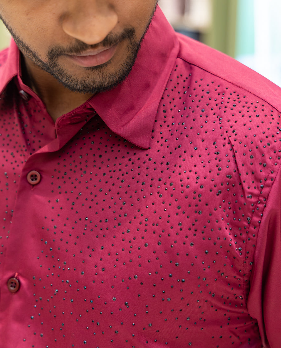 Red Poly Satin Party Wear Shirt Features Micro-Stonework, Full Sleeves, a Slim Fit, a Spread Collar, and Regular Length