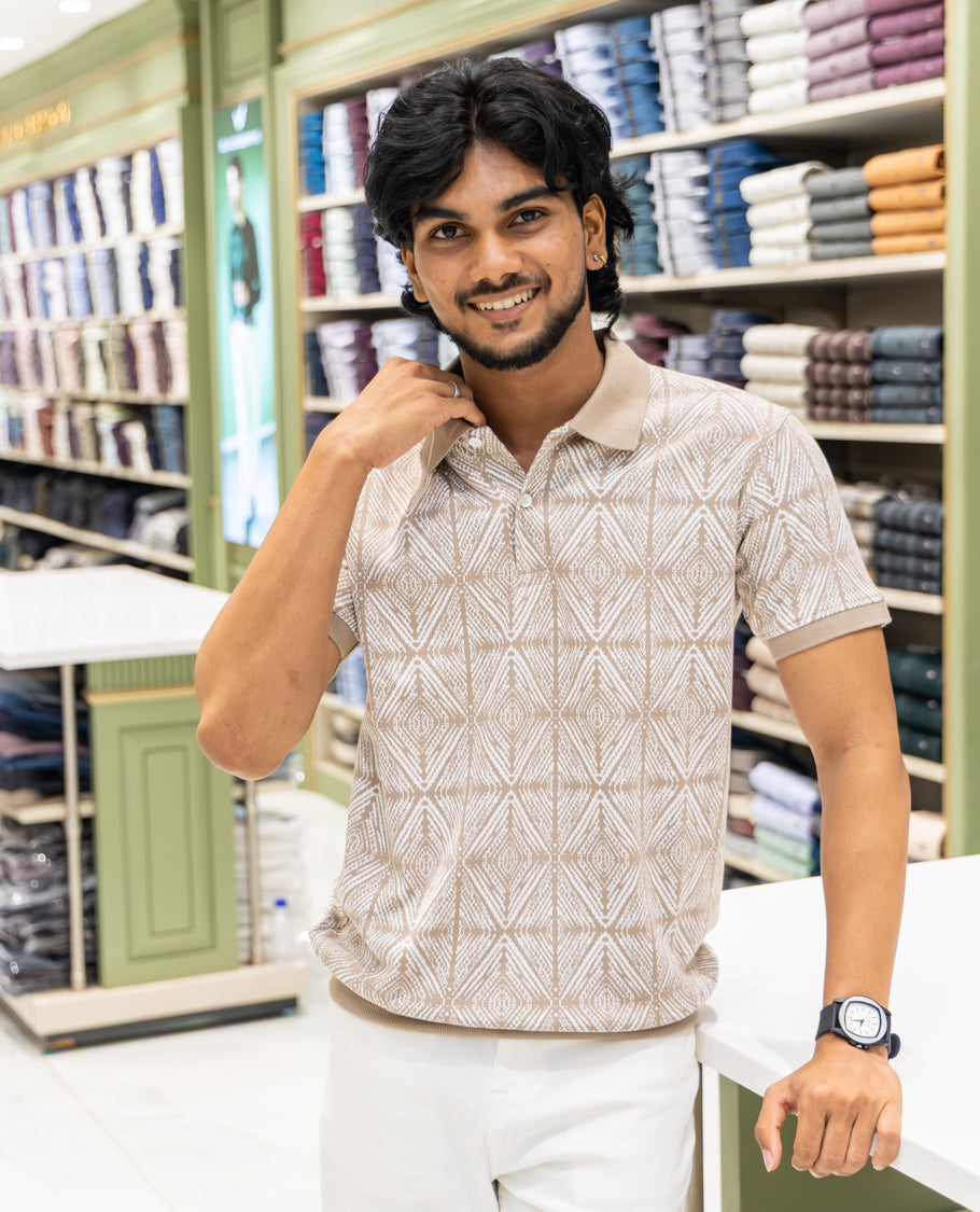 Yellow Cotton-Blended Polo Neck T-Shirt Features Argyle Print, Half Sleeves, a Slim Fit, and Regular Length