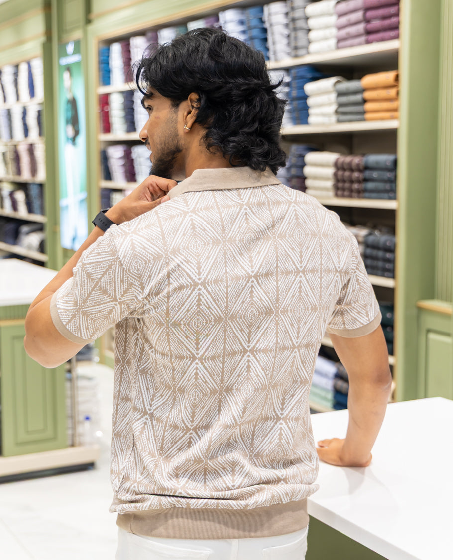 Yellow Cotton-Blended Polo Neck T-Shirt Features Argyle Print, Half Sleeves, a Slim Fit, and Regular Length