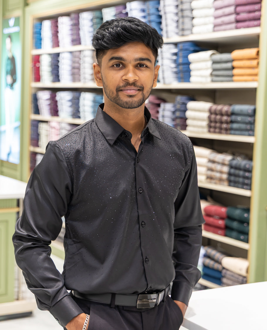 Black Poly Satin Party Wear Shirt Features Micro-Stonework, Full Sleeves, a Slim Fit, a Spread Collar, and Regular Length