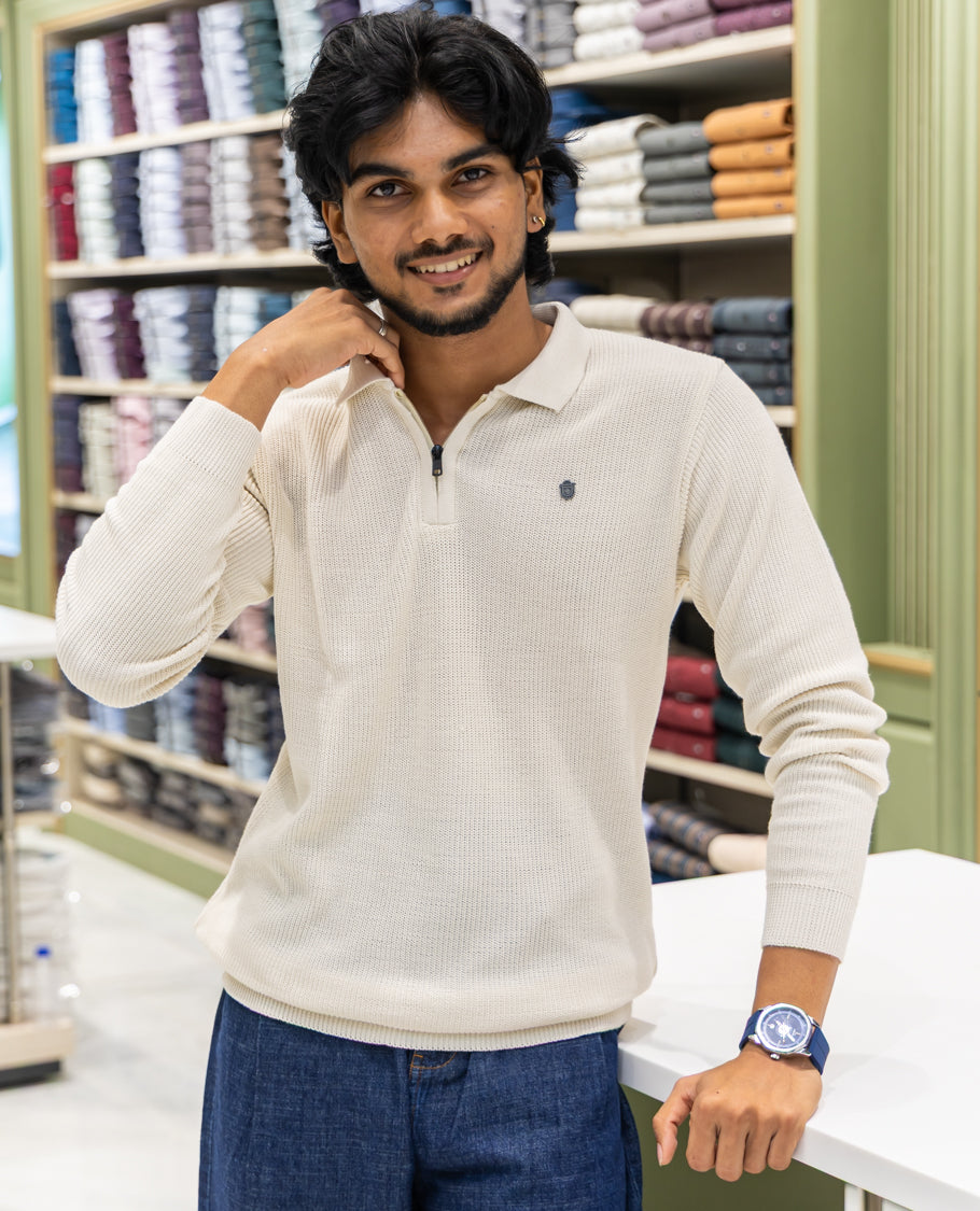 Cream Striped Cotton-Blended T-Shirt Comes with a Polo Neck, Full Sleeves, a Slim Fit, and Regular Length