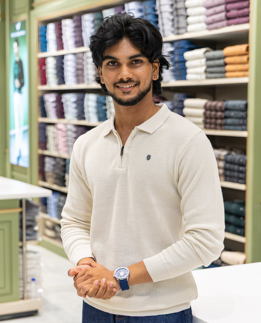Cream Striped Cotton-Blended T-Shirt Comes with a Polo Neck, Full Sleeves, a Slim Fit, and Regular Length