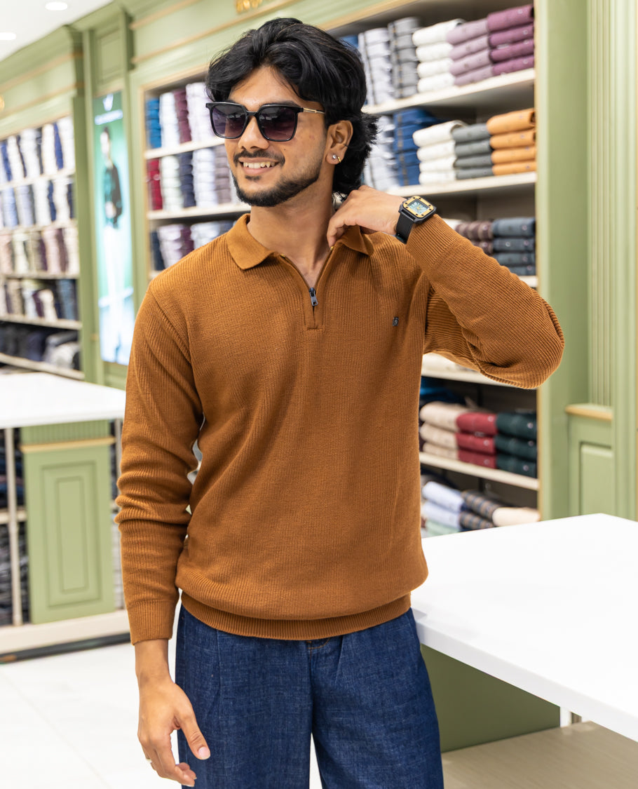 Coffee Striped Cotton-Blended T-Shirt Comes with a Polo Neck, Full Sleeves, a Slim Fit, and Regular Length