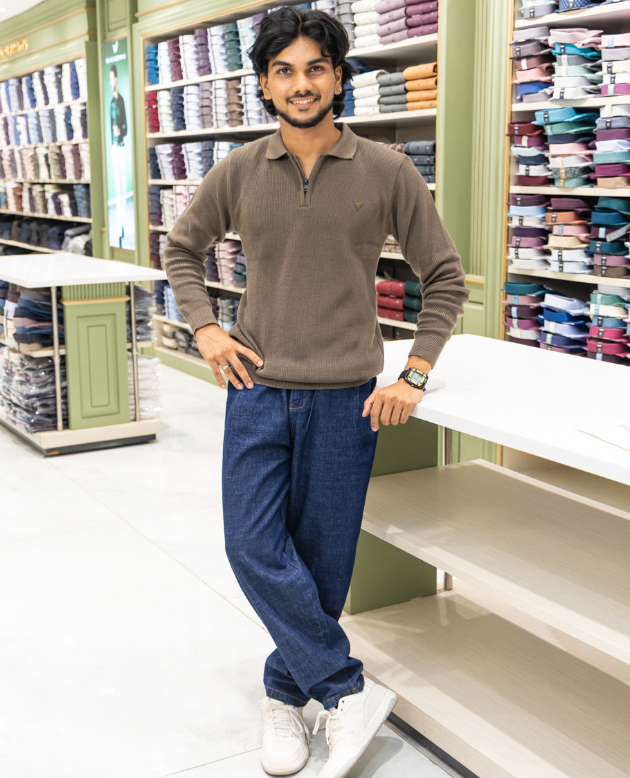 Brown Striped Cotton-Blended T-Shirt Comes with a Polo Neck, Full Sleeves, a Slim Fit, and Regular Length