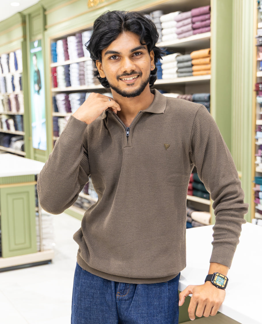 Brown Striped Cotton-Blended T-Shirt Comes with a Polo Neck, Full Sleeves, a Slim Fit, and Regular Length