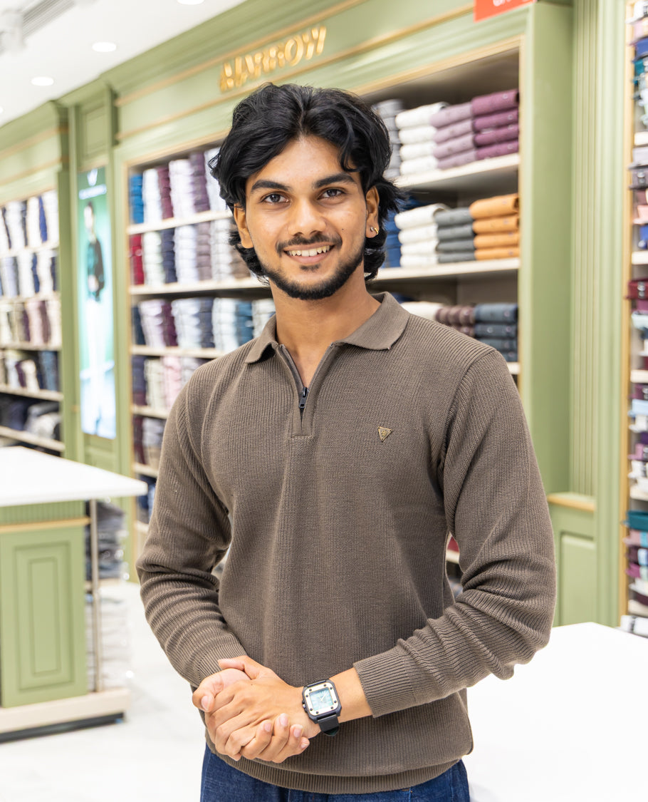 Brown Striped Cotton-Blended T-Shirt Comes with a Polo Neck, Full Sleeves, a Slim Fit, and Regular Length
