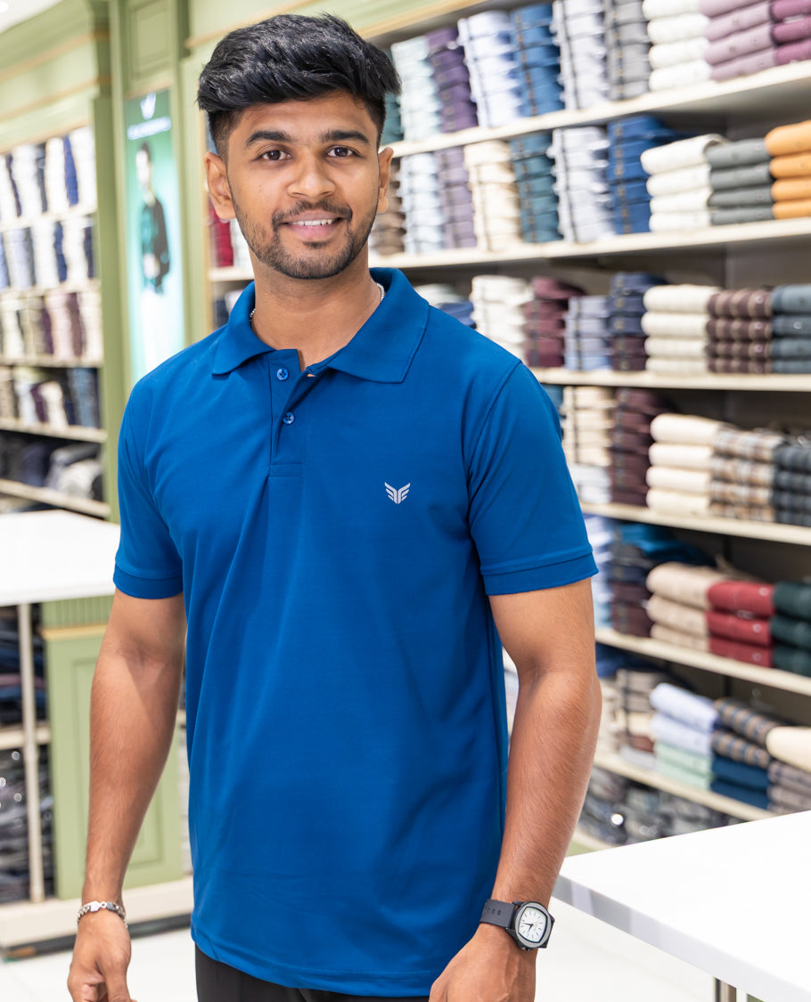 Blue Plain Cotton-Blended Polo T-Shirt Comes with Half Sleeves, a Slim Fit, Cuban Collar, and Regular Length