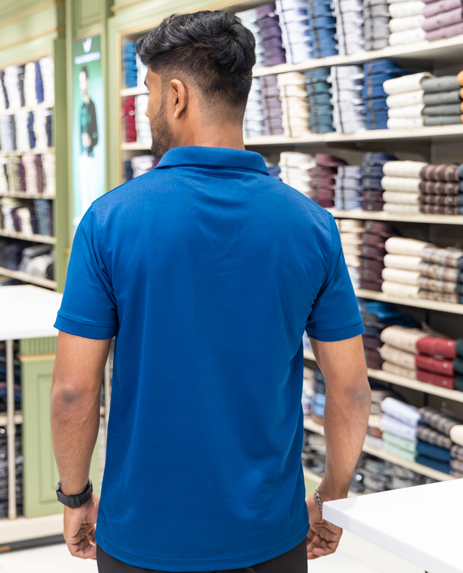 Blue Plain Cotton-Blended Polo T-Shirt Comes with Half Sleeves, a Slim Fit, Cuban Collar, and Regular Length