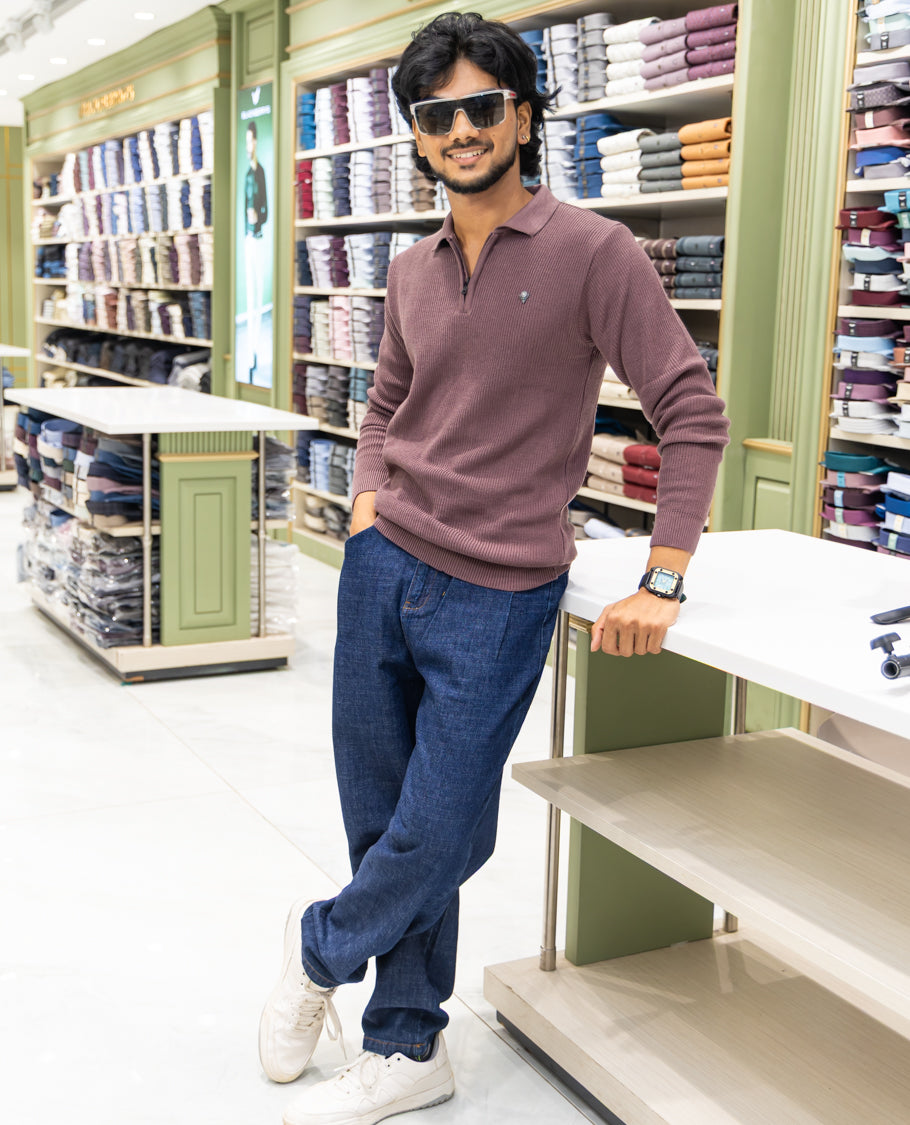 Burgundy Striped Cotton-Blended T-Shirt Comes with a Polo Neck, Full Sleeves, a Slim Fit, and Regular Length
