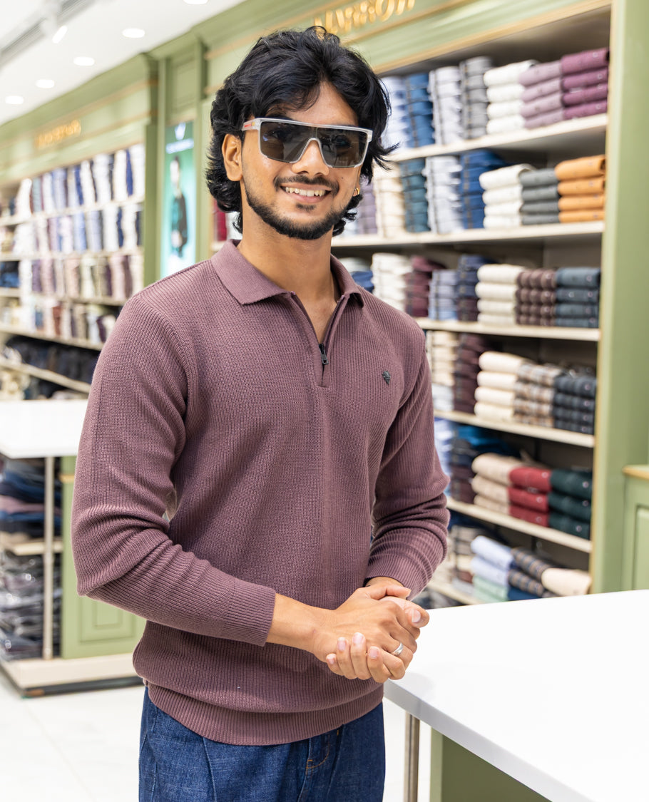 Burgundy Striped Cotton-Blended T-Shirt Comes with a Polo Neck, Full Sleeves, a Slim Fit, and Regular Length