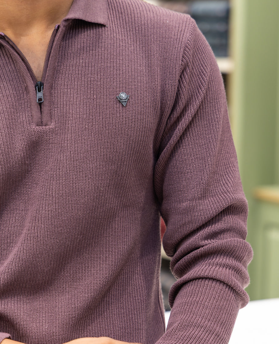 Burgundy Striped Cotton-Blended T-Shirt Comes with a Polo Neck, Full Sleeves, a Slim Fit, and Regular Length