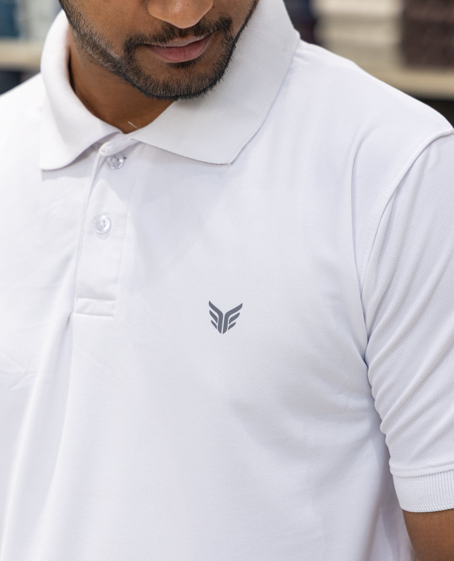 White Plain Cotton-Blended Polo T-Shirt Comes with Half Sleeves, a Slim Fit, Cuban Collar, and Regular Length