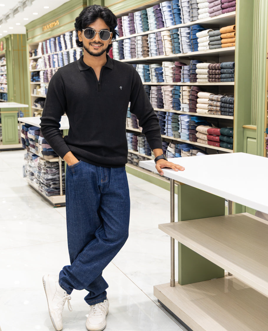 Black Striped Cotton-Blended T-Shirt Comes with a Polo Neck, Full Sleeves, a Slim Fit, and Regular Length