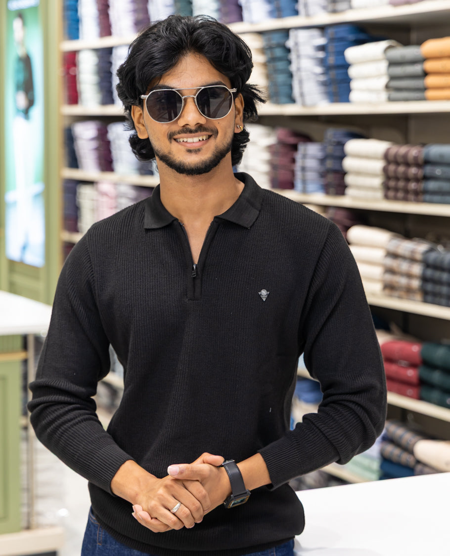 Black Striped Cotton-Blended T-Shirt Comes with a Polo Neck, Full Sleeves, a Slim Fit, and Regular Length