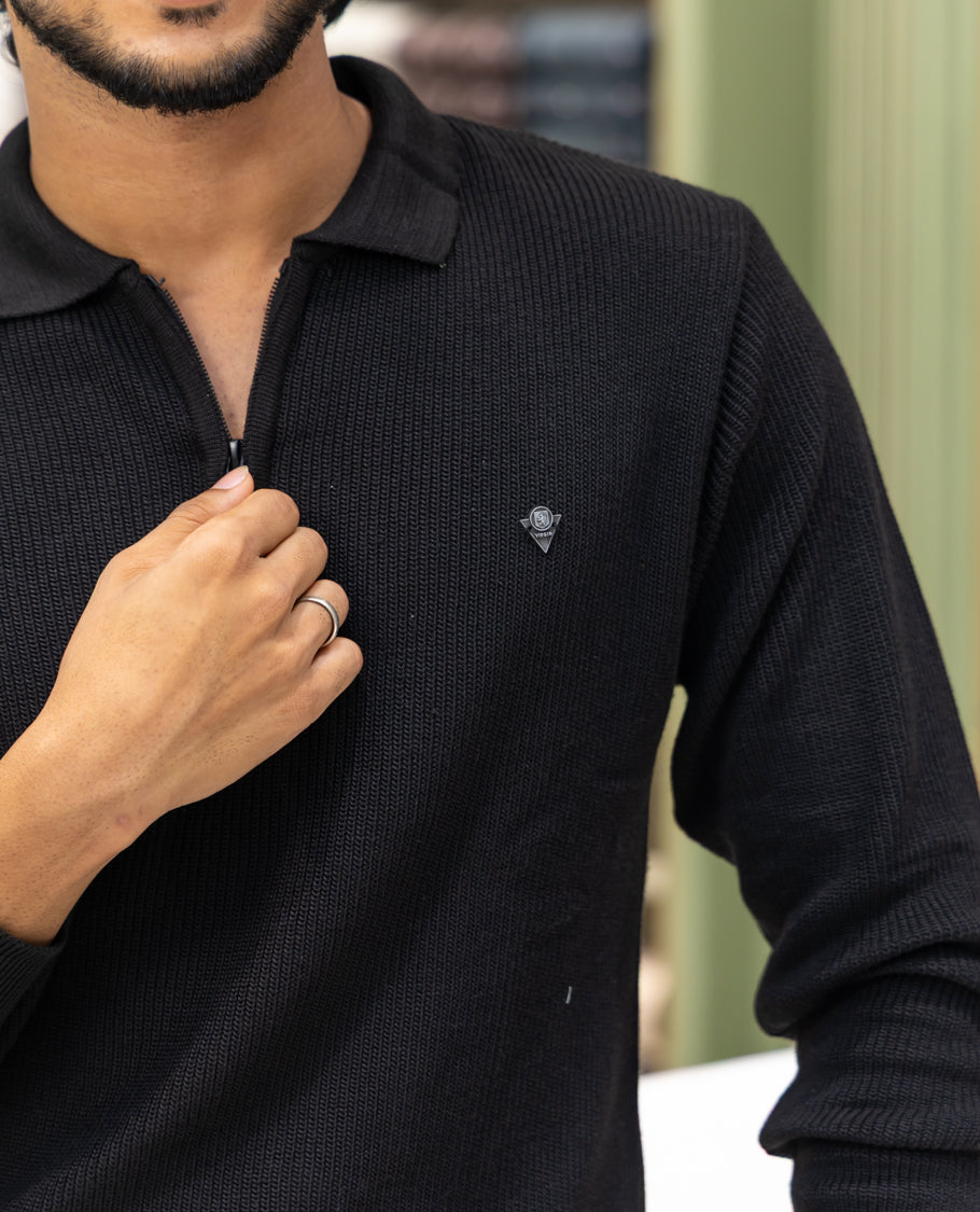 Black Striped Cotton-Blended T-Shirt Comes with a Polo Neck, Full Sleeves, a Slim Fit, and Regular Length