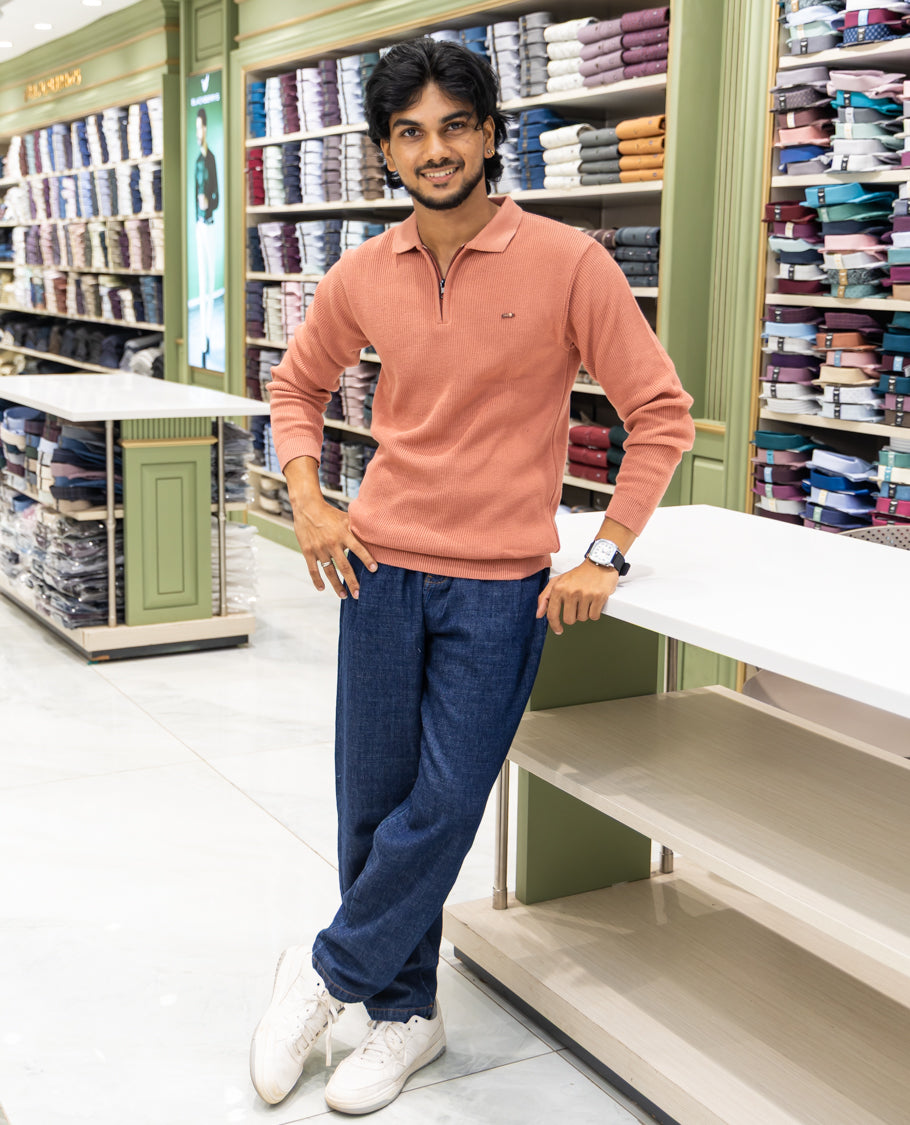 Orange Striped Cotton-Blended T-Shirt Comes with a Polo Neck, Full Sleeves, a Slim Fit, and Regular Length