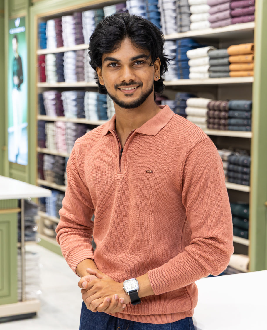 Orange Striped Cotton-Blended T-Shirt Comes with a Polo Neck, Full Sleeves, a Slim Fit, and Regular Length