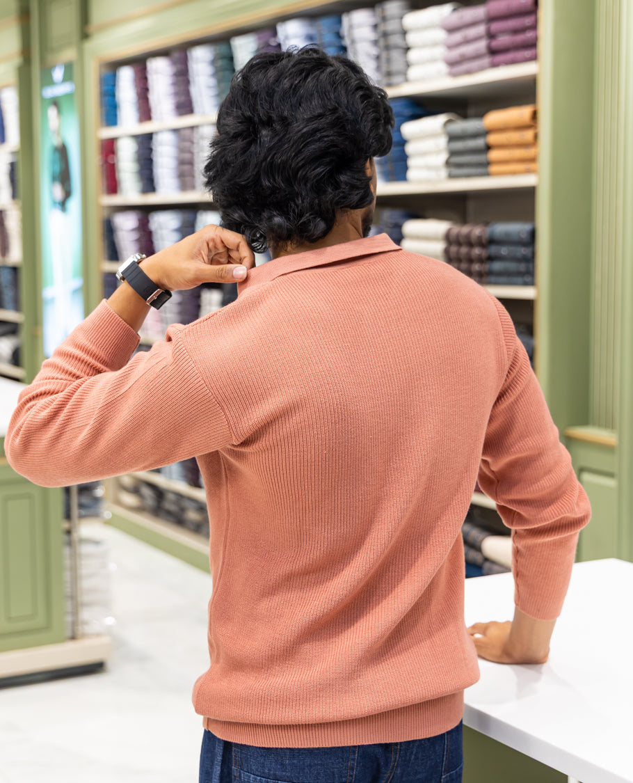 Orange Striped Cotton-Blended T-Shirt Comes with a Polo Neck, Full Sleeves, a Slim Fit, and Regular Length