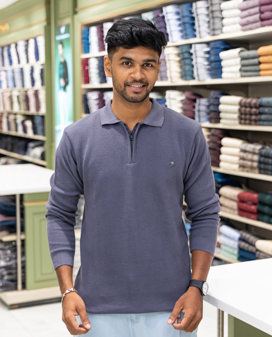 Grey Striped Cotton-Blended T-Shirt Comes with a Polo Neck, Full Sleeves, a Slim Fit, and Regular Length