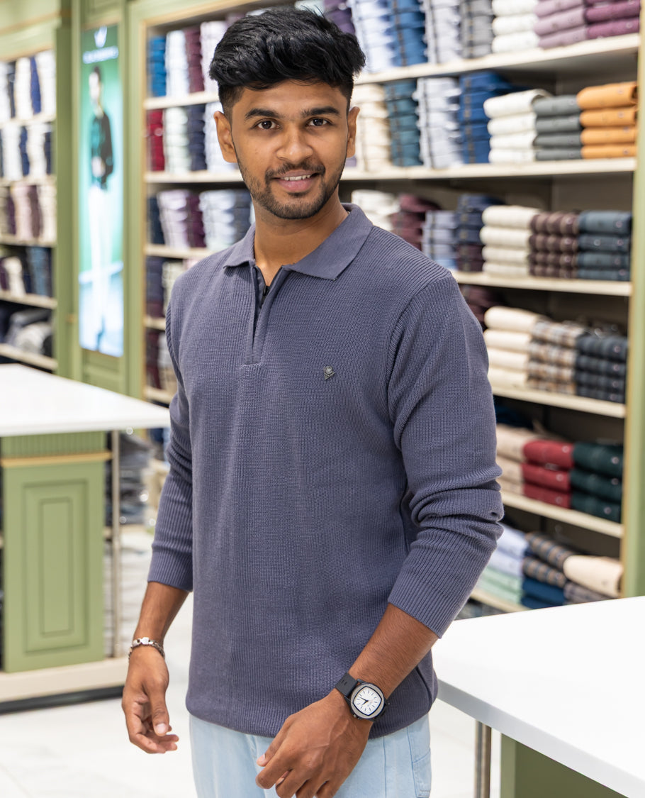 Grey Striped Cotton-Blended T-Shirt Comes with a Polo Neck, Full Sleeves, a Slim Fit, and Regular Length