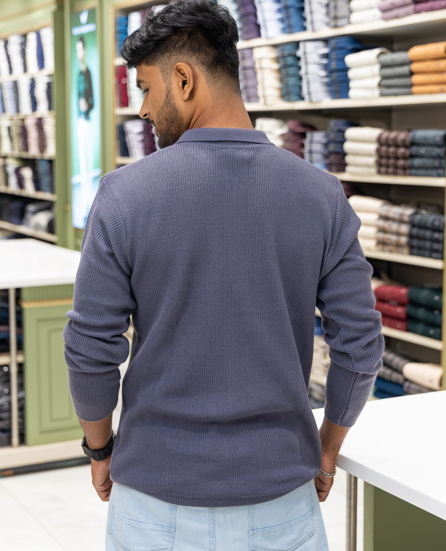 Grey Striped Cotton-Blended T-Shirt Comes with a Polo Neck, Full Sleeves, a Slim Fit, and Regular Length