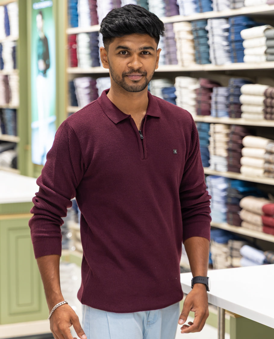 Maroon Striped Cotton-Blended T-Shirt Comes with a Polo Neck, Full Sleeves, a Slim Fit, and Regular Length