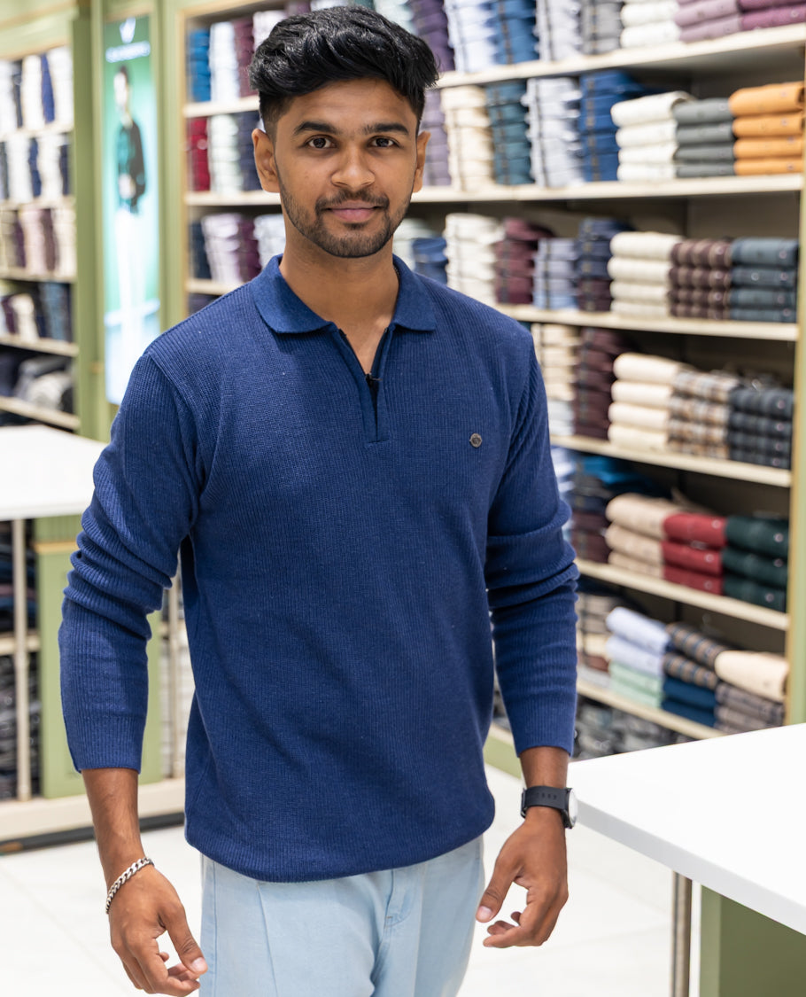 Navy Striped Cotton-Blended T-Shirt Comes with a Polo Neck, Full Sleeves, a Slim Fit, and Regular Length