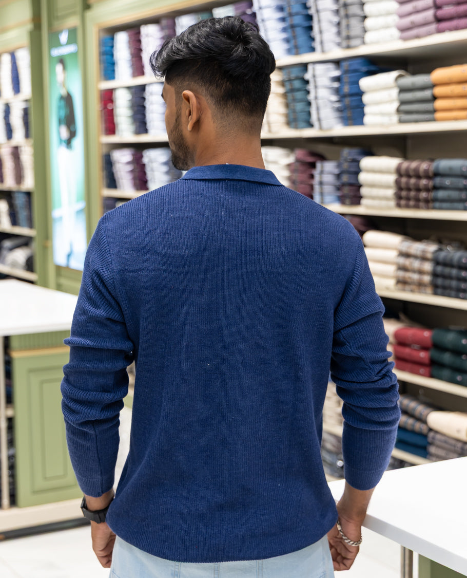 Navy Striped Cotton-Blended T-Shirt Comes with a Polo Neck, Full Sleeves, a Slim Fit, and Regular Length