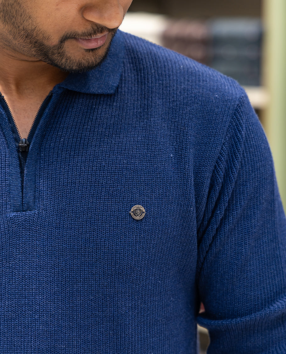 Navy Striped Cotton-Blended T-Shirt Comes with a Polo Neck, Full Sleeves, a Slim Fit, and Regular Length