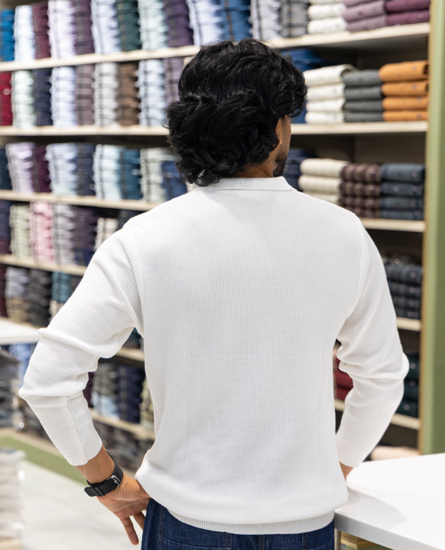 White Striped Cotton-Blended T-Shirt Comes with a Polo Neck, Full Sleeves, a Slim Fit, and Regular Length