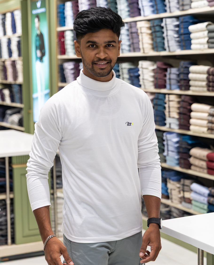 White Plain Cotton-Blended Turtleneck T-Shirt Comes with Full Sleeves, a Slim Fit, and Regular Length