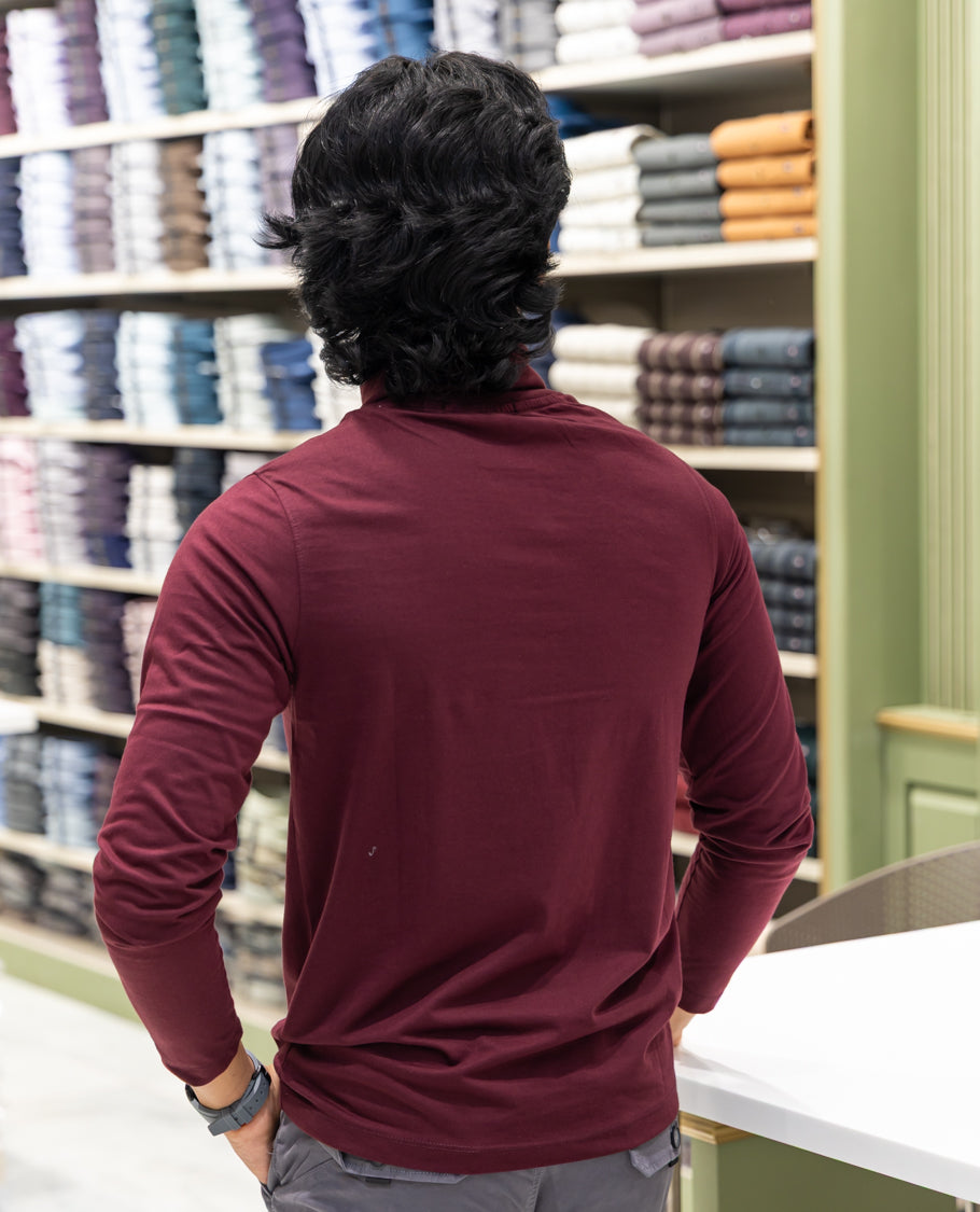 Maroon Plain Cotton-Blended Turtleneck T-Shirt Comes with Full Sleeves, a Slim Fit, and Regular Length