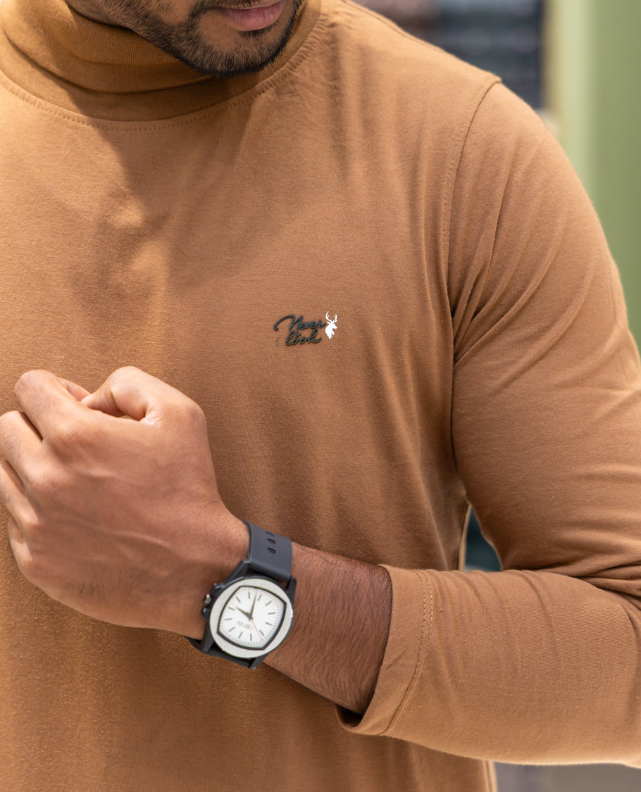 Orange Plain Cotton-Blended Turtleneck T-Shirt Comes with Full Sleeves, a Slim Fit, and Regular Length