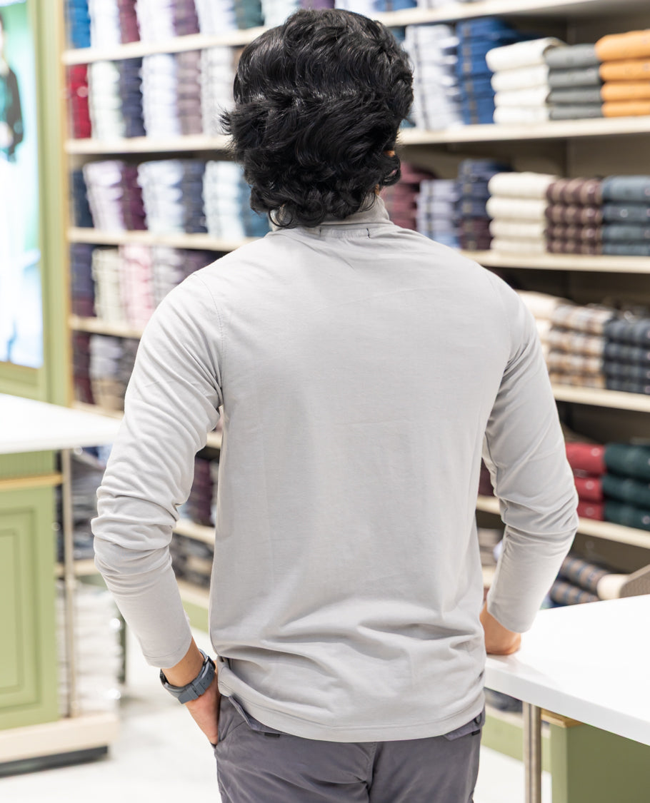 Grey Plain Cotton-Blended Turtleneck T-Shirt Comes with Full Sleeves, a Slim Fit, and Regular Length