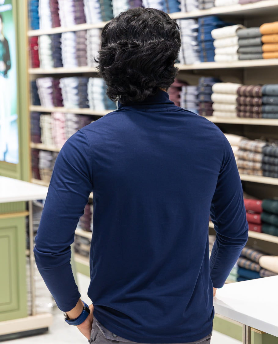 Navy Plain Cotton-Blended Turtleneck T-Shirt Comes with Full Sleeves, a Slim Fit, and Regular Length